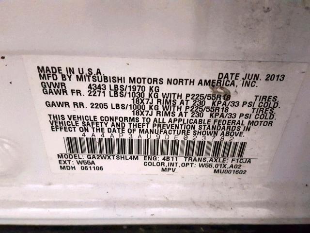 4A4AP3AU9DE023782 - 2013 MITSUBISHI OUTLANDER WHITE photo 10