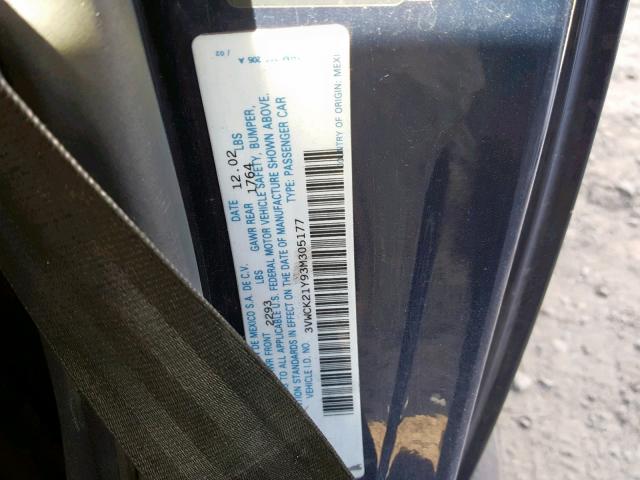 3VWCK21Y93M305177 - 2003 VOLKSWAGEN NEW BEETLE Mavi foto 10