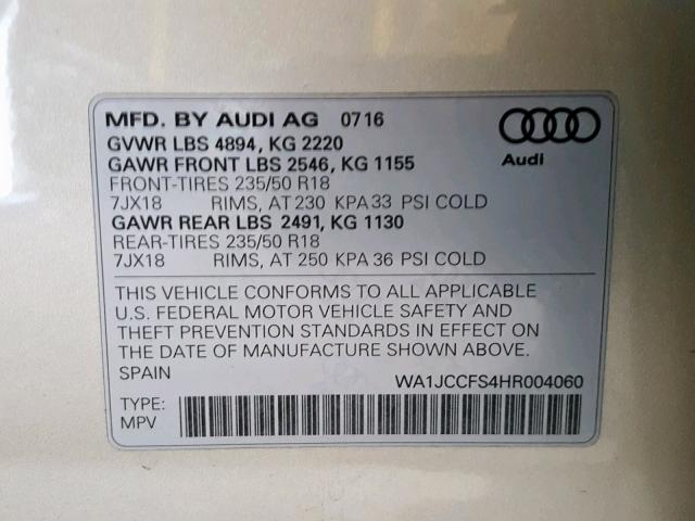 WA1JCCFS4HR004060 - 2017 AUDI Q3 PREMIUM SILVER photo 10