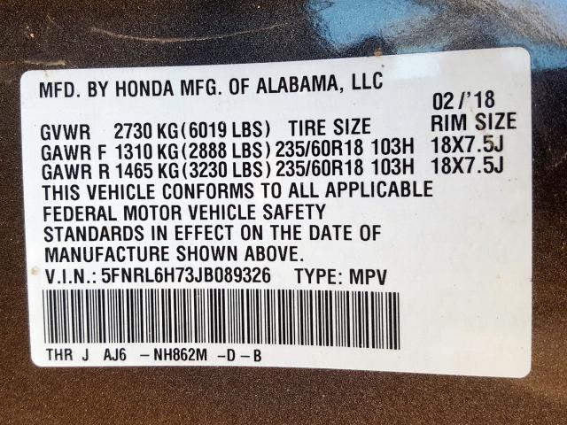 5FNRL6H73JB089326 - 2018 HONDA ODYSSEY EXL  photo 10