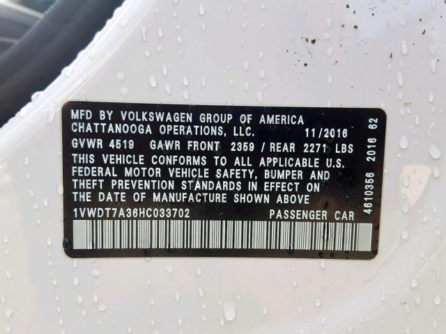 1VWDT7A36HC033702 - 2017 VOLKSWAGEN PASSAT R-L WHITE photo 10