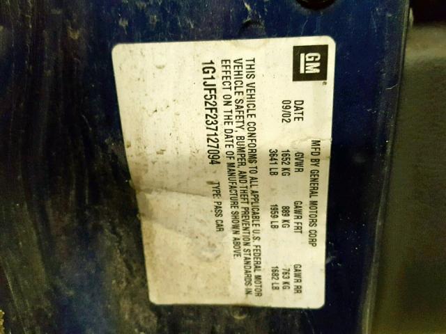 1G1JF52F237127094 - 2003 CHEVROLET CAVALIER L BLUE photo 10