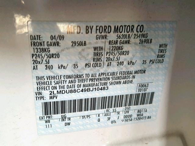 2LMDU88C49BJ10483 - 2009 LINCOLN MKX WHITE photo 10