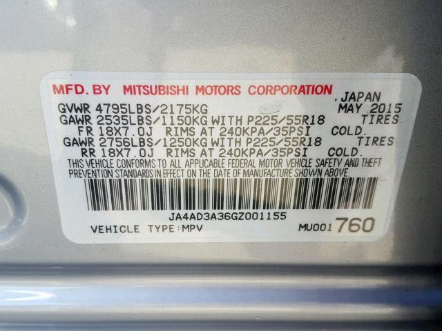 JA4AD3A36GZ001155 - 2016 MITSUBISHI OUTLANDER SILVER photo 10