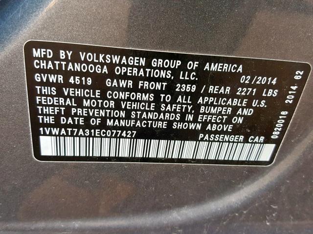 1VWAT7A31EC077427 - 2014 VOLKSWAGEN PASSAT S GRAY photo 10