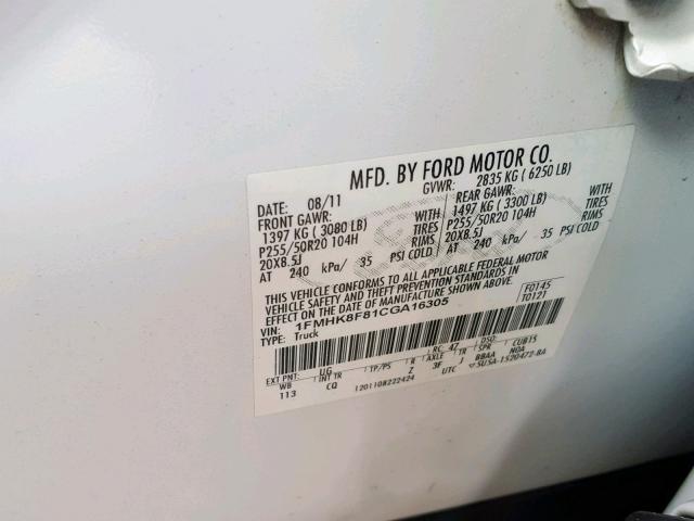 1FMHK8F81CGA16305 - 2012 FORD EXPLORER L WHITE photo 10