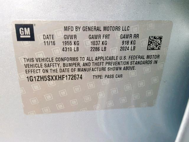 1G1ZH5SXXHF172674 - 2017 CHEVROLET MALIBU PRE Mavi foto 10