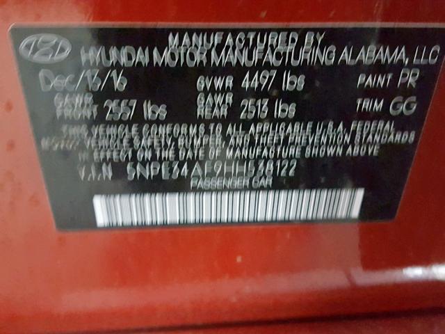 5NPE34AF9HH538122 - 2017 HYUNDAI SONATA SPO RED photo 10