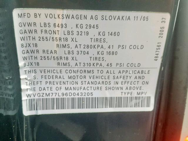 WVGZM77L96D043205 - 2006 VOLKSWAGEN TOUAREG 4. BLUE photo 10