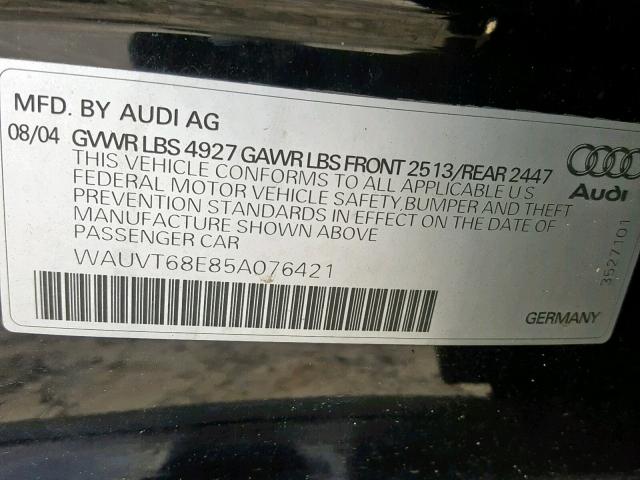 WAUVT68E85A076421 - 2005 AUDI A4 3.0 AVA BLACK photo 10