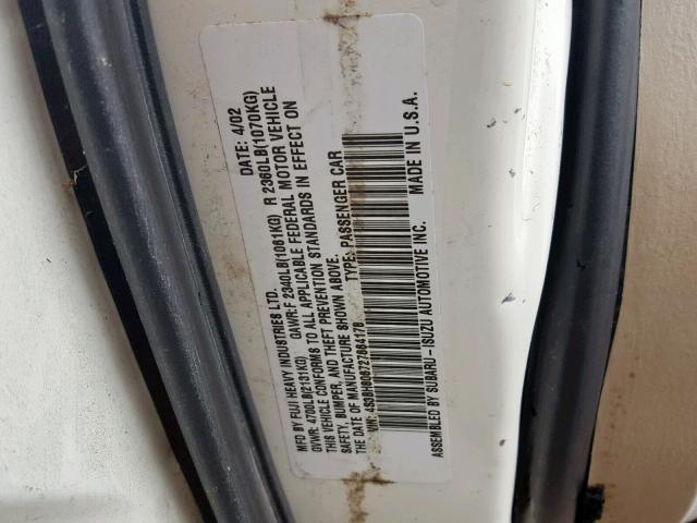 4S3BH806727664178 - 2002 SUBARU LEGACY OUT WHITE photo 10