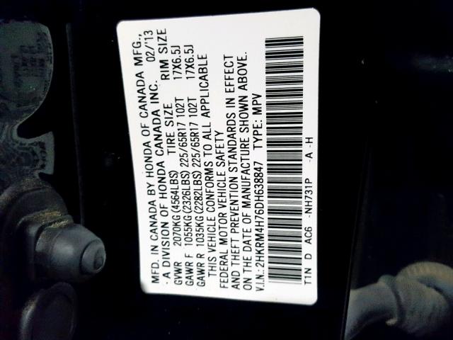 2HKRM4H76DH638847 - 2013 HONDA CR-V EXL BLACK photo 10