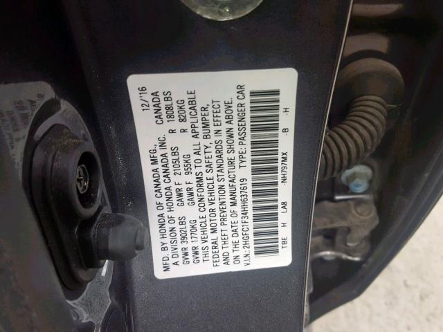 2HGFC1F34HH637619 - 2017 HONDA CIVIC EX GRAY photo 10