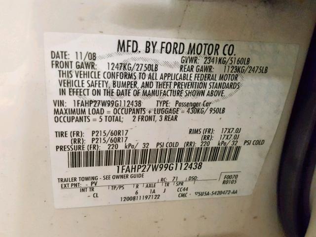 1FAHP27W99G112438 - 2009 FORD TAURUS SEL WHITE photo 10