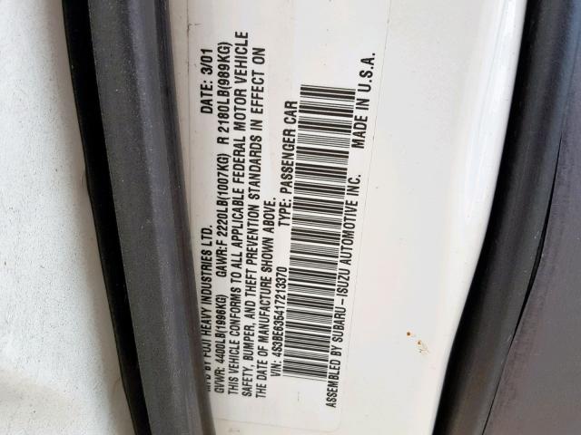 4S3BE635417213370 - 2001 SUBARU LEGACY L WHITE photo 10