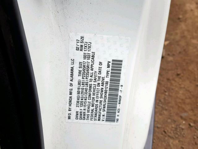 5FNRL5H3XHB012180 - 2017 HONDA ODYSSEY SE WHITE photo 10