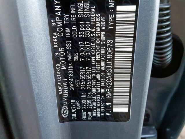 KM8K2CAA3JU180673 - 2018 HYUNDAI KONA SEL GRAY photo 10