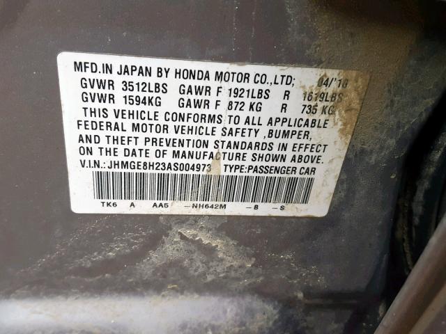 JHMGE8H23AS004973 - 2010 HONDA FIT GRAY photo 10