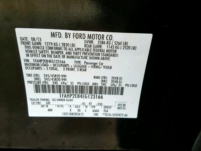 1FAHP2E84EG123166 - 2014 FORD TAURUS SEL BLACK photo 10