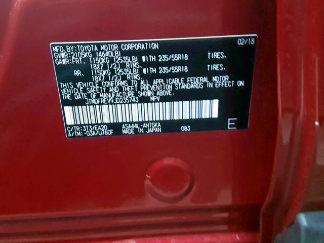 JTMDFREV9JD235743 - 2018 TOYOTA RAV4 LIMIT RED photo 10