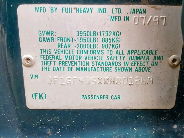 JF1GF435XWH801269 - 1998 SUBARU IMPREZA L GREEN photo 10