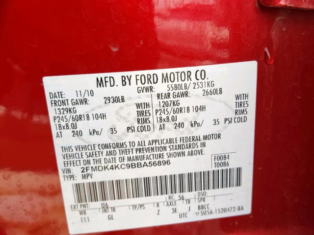 2FMDK4KC9BBA56896 - 2011 FORD EDGE LIMIT RED photo 10