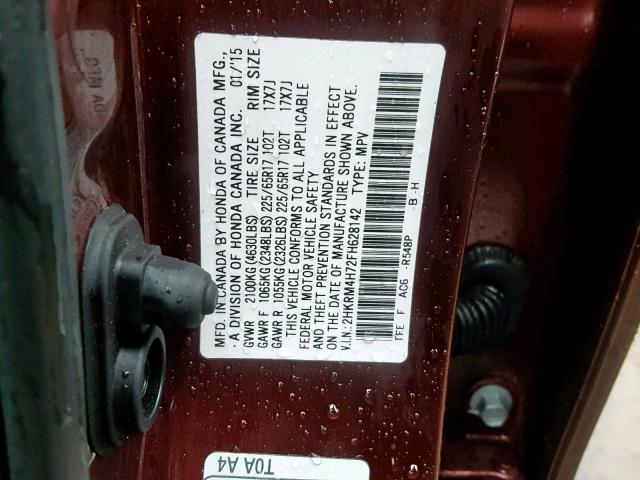 2HKRM4H72FH628142 - 2015 HONDA CR-V EXL RED photo 10