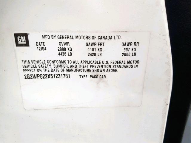 2G2WP522X51231781 - 2005 PONTIAC GRAND PRIX WHITE photo 10