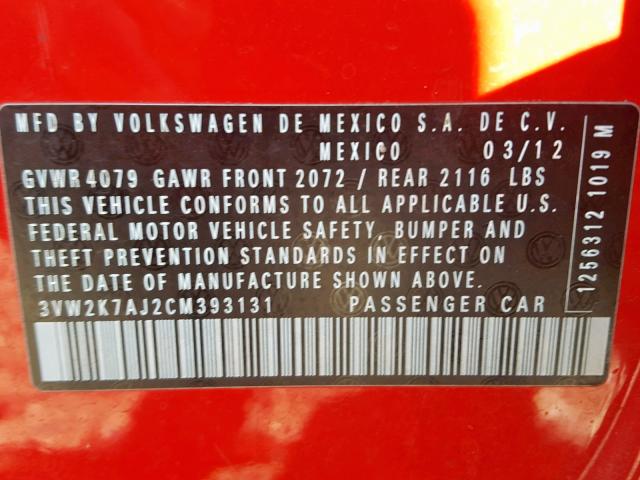 3VW2K7AJ2CM393131 - 2012 VOLKSWAGEN JETTA BASE Կարմիր լուսանկար 10