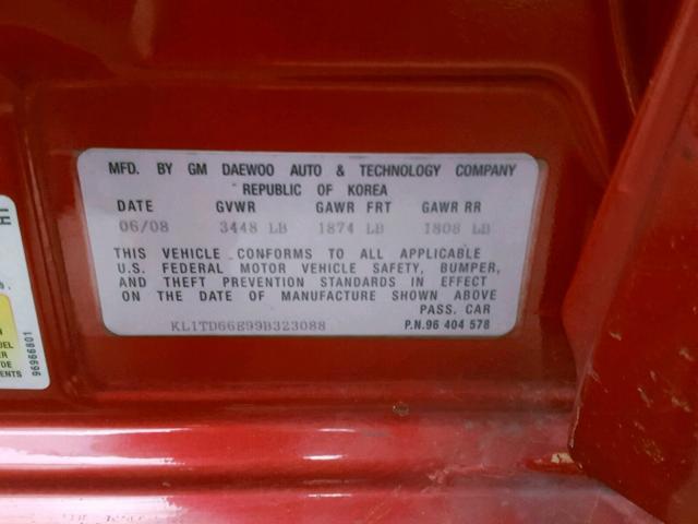 KL1TD66E99B323088 - 2009 CHEVROLET AVEO LS RED photo 10