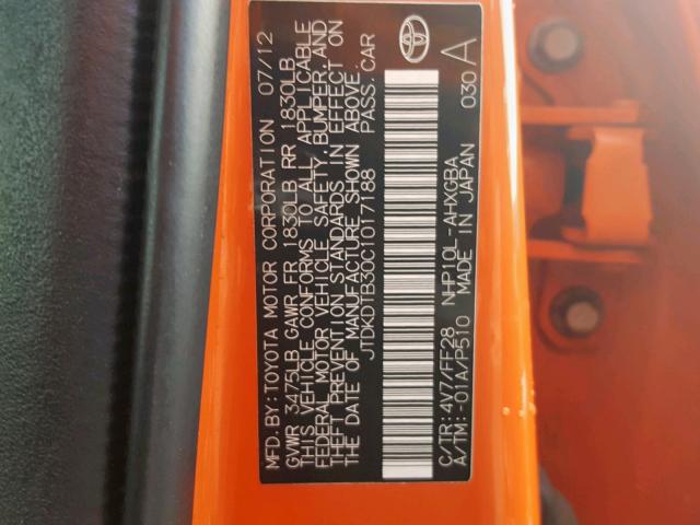 JTDKDTB30C1017188 - 2012 TOYOTA PRIUS C ORANGE photo 10