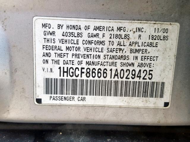 1HGCF86661A029425 - 2001 HONDA ACCORD VAL SILVER photo 10