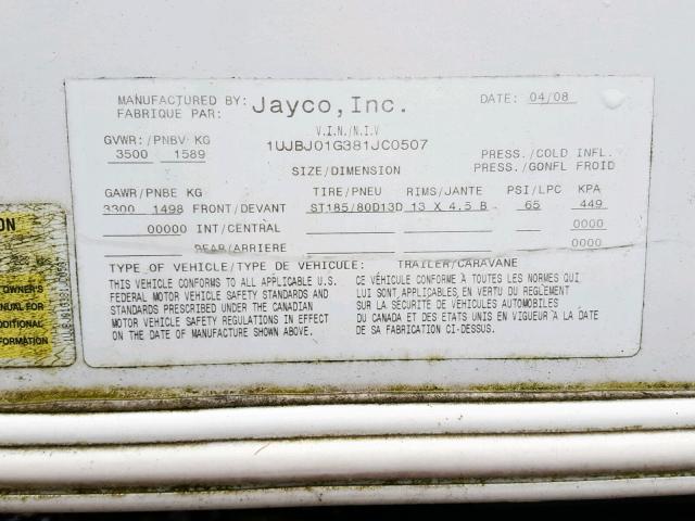 1UJBJ01G381JC0507 - 2008 JAYCO JAFEATHER WHITE photo 10