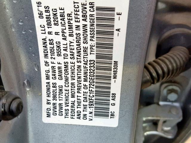 19XFC1F72GE032333 - 2016 HONDA CIVIC EXL SILVER photo 10