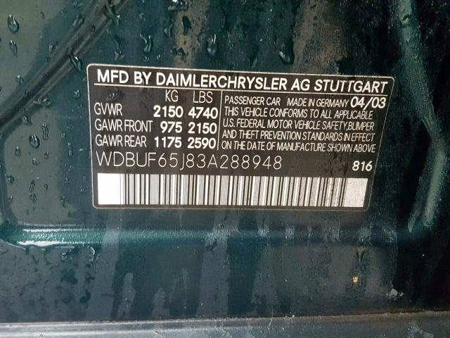 WDBUF65J83A288948 - 2003 MERCEDES-BENZ E 320 GREEN photo 10