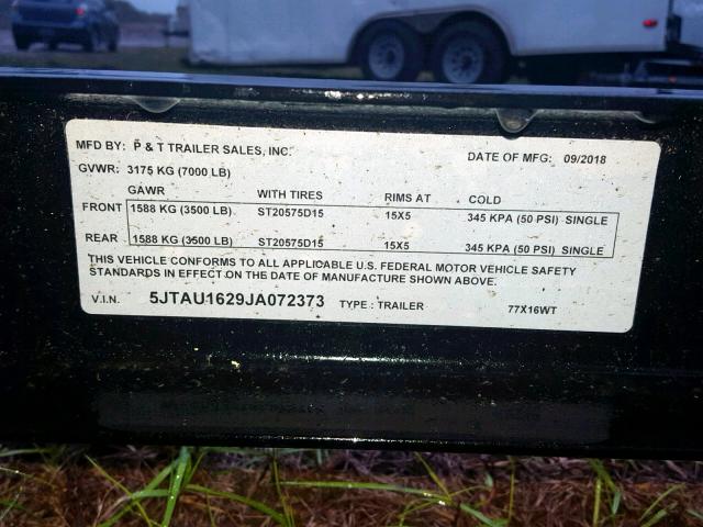 5JTAU1629JA072373 - 2018 UTILITY TRAILER BLACK photo 10