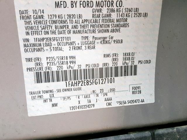 1FAHP2E85FG127101 - 2015 FORD TAURUS SEL SILVER photo 10