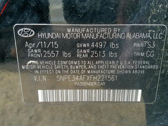 5NPE34AFXFH221561 - 2015 HYUNDAI SONATA SPO BLACK photo 10