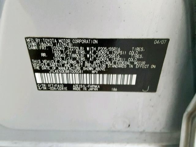 JTLKE50E881005041 - 2008 TOYOTA SCION XB 银色 照片 10