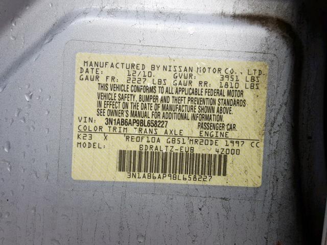 3N1AB6AP9BL658227 - 2011 NISSAN SENTRA 2.0 SILVER photo 10