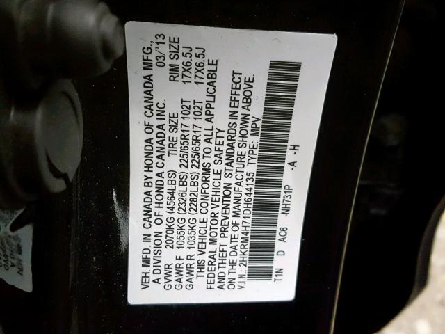 2HKRM4H71DH644135 - 2013 HONDA CR-V EXL BLACK photo 10