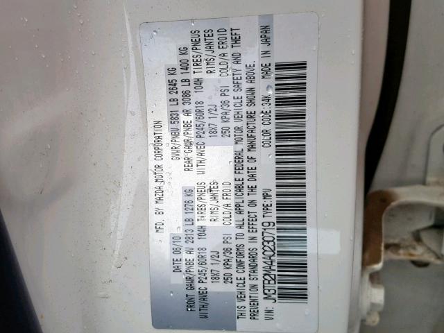 JM3TB2MA4A0230719 - 2010 MAZDA CX-9 WHITE photo 10