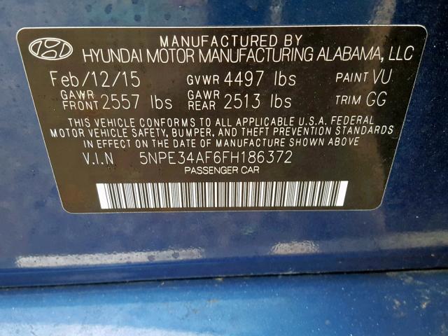 5NPE34AF6FH186372 - 2015 HYUNDAI SONATA SPO BLUE photo 10