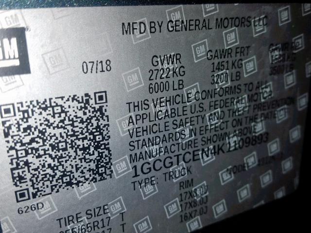 1GCGTCEN4K1109893 - 2019 CHEVROLET COLORADO L BLUE photo 10