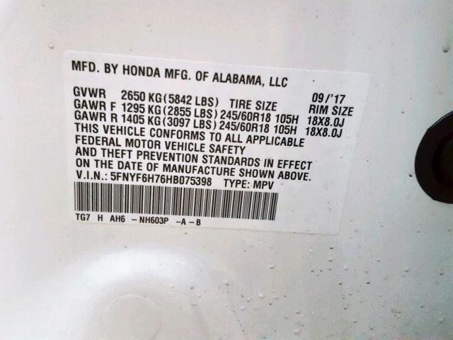 5FNYF6H76HB075398 - 2017 HONDA PILOT EXLN WHITE photo 10