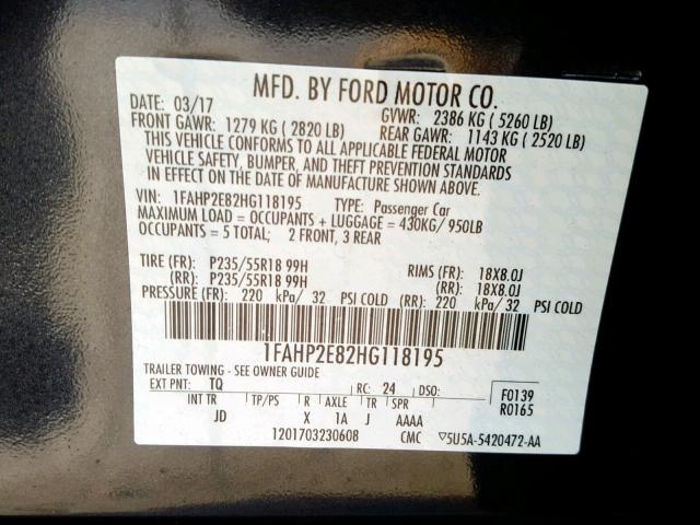 1FAHP2E82HG118195 - 2017 FORD TAURUS SEL BLUE photo 10