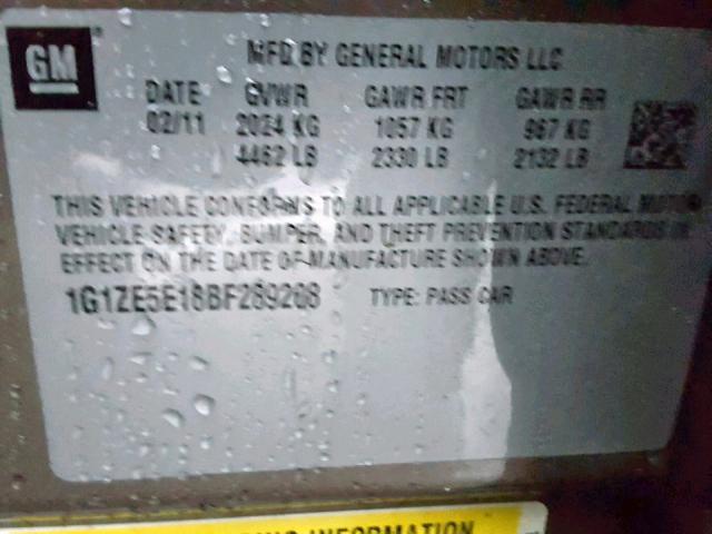 1G1ZE5E18BF289208 - 2011 CHEVROLET MALIBU LTZ ყავისფერი ფოტო 10