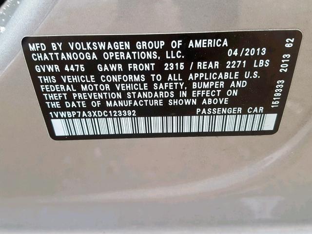 1VWBP7A3XDC123392 - 2013 VOLKSWAGEN PASSAT SE SILVER photo 10