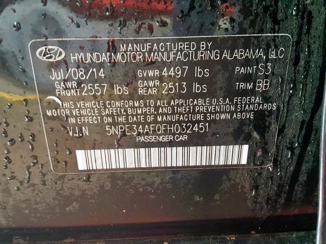 5NPE34AF0FH032451 - 2015 HYUNDAI SONATA SPO BLACK photo 10