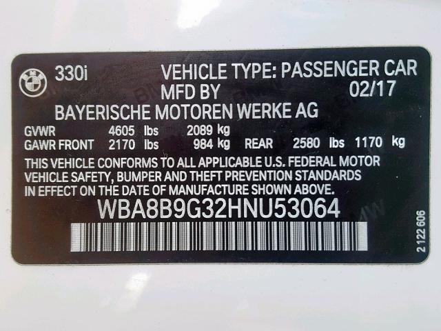 WBA8B9G32HNU53064 - 2017 BMW 330 I WHITE photo 10